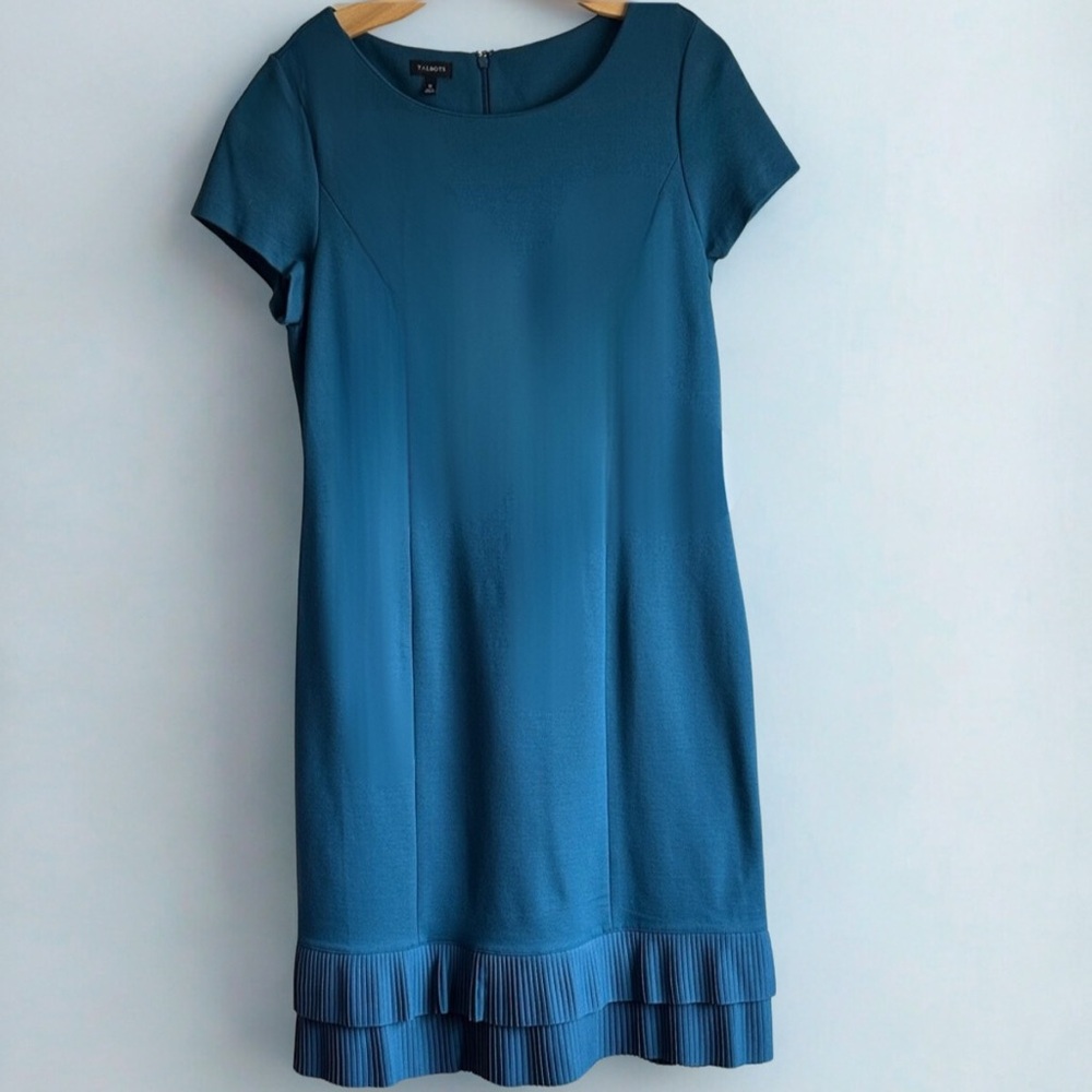 Talbots Teal Pleated Hem Shift Dress Size 12 Short Sleeve Work Career Length 41”